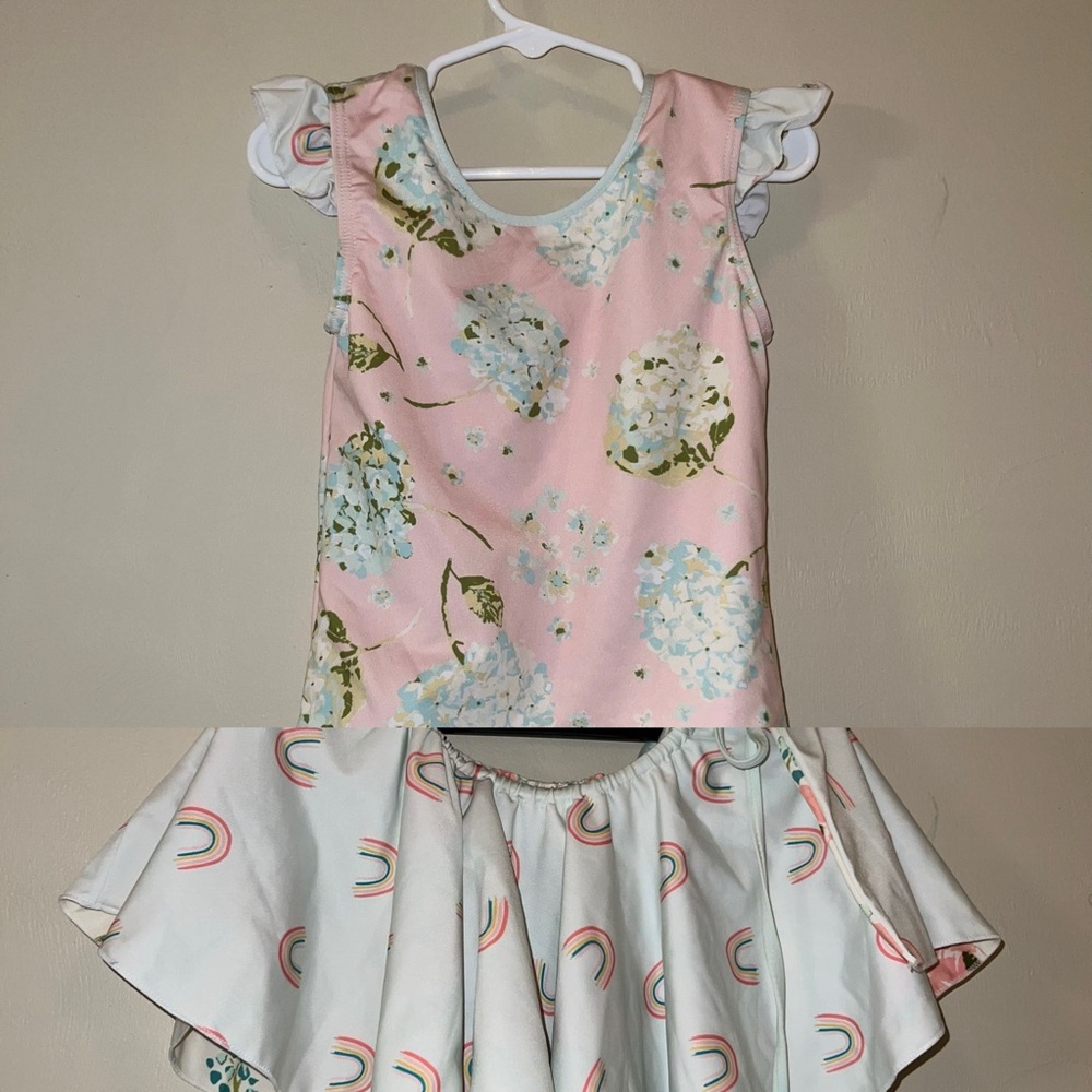 SweetHoney Pink Floral Leotard and Skirt Set with Rainbow Accents
